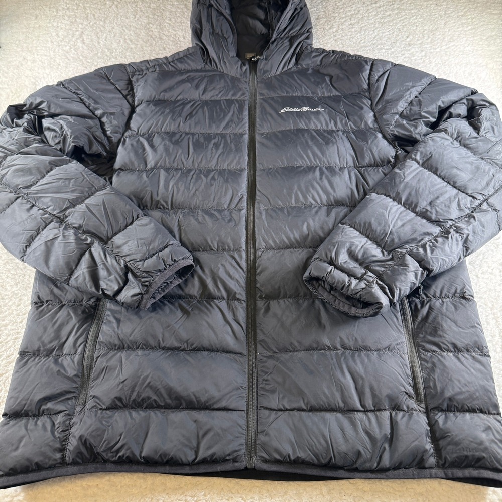 Eddie Bauer Men's Large 650 Down Puffer Jacket Full-Zip Lined Nylon Black Hood
